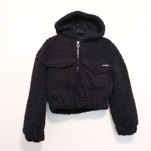 Hurley Black Faux Fur Zip Hood Short Jacket sz S